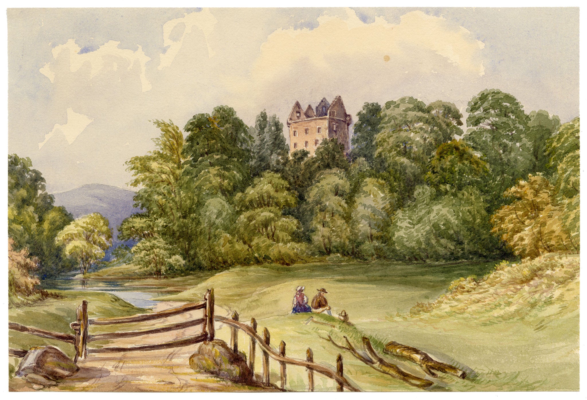 F. Bainbridge, Newark Castle near Selkirk, Scottish Borders – 1870s watercolour painting