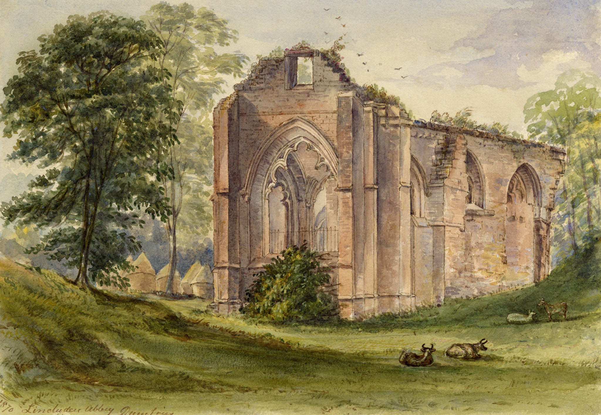 F. Bainbridge, Lincluden Abbey, Dumfries, Scotland – 1870 watercolour painting
