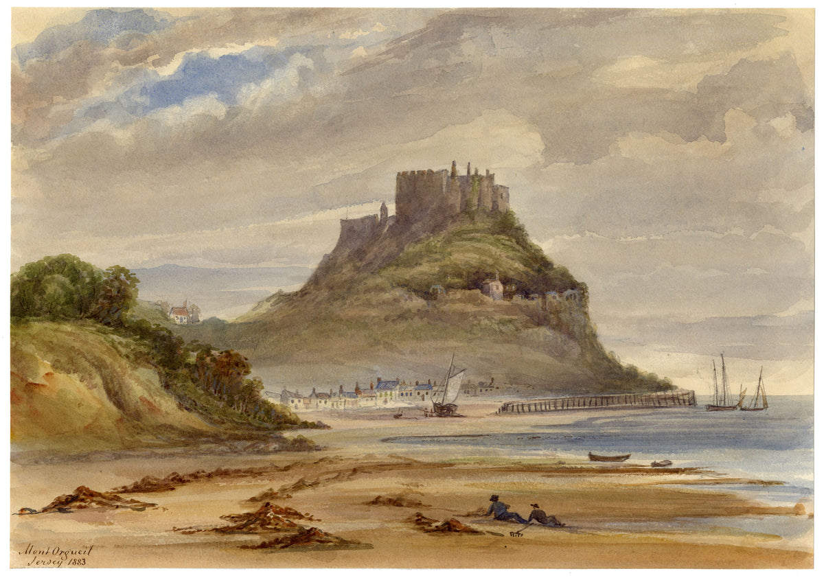 F. Bainbridge, Mont Orgueil Castle & Harbour of Gorey, Jersey – 1883 watercolour painting