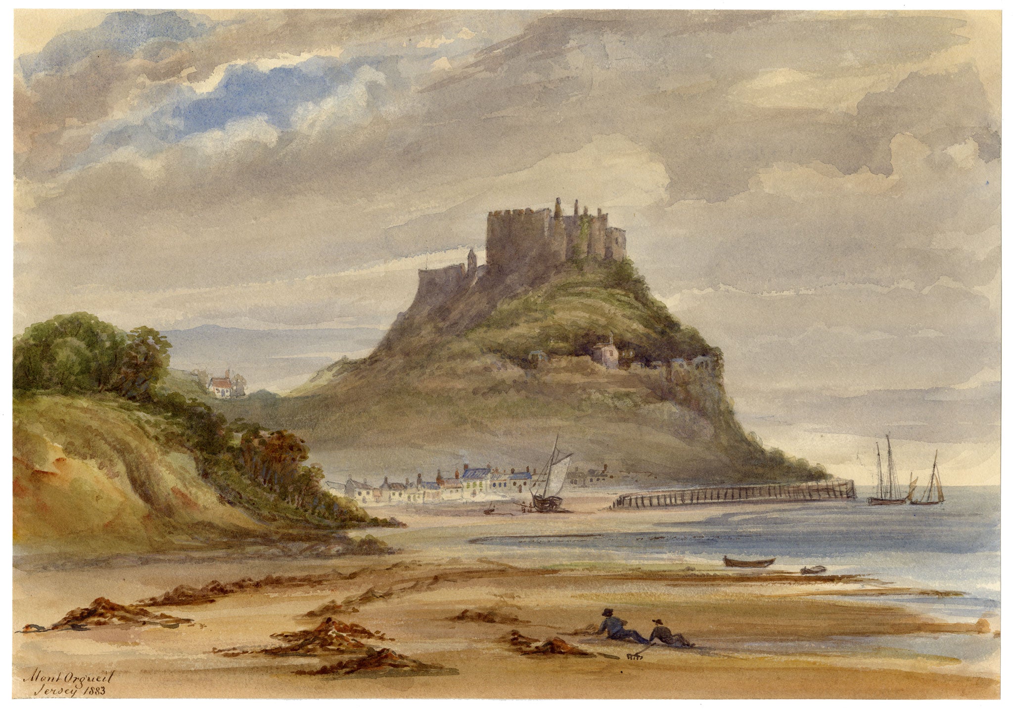 F. Bainbridge, Mont Orgueil Castle & Harbour of Gorey, Jersey – 1883 watercolour painting