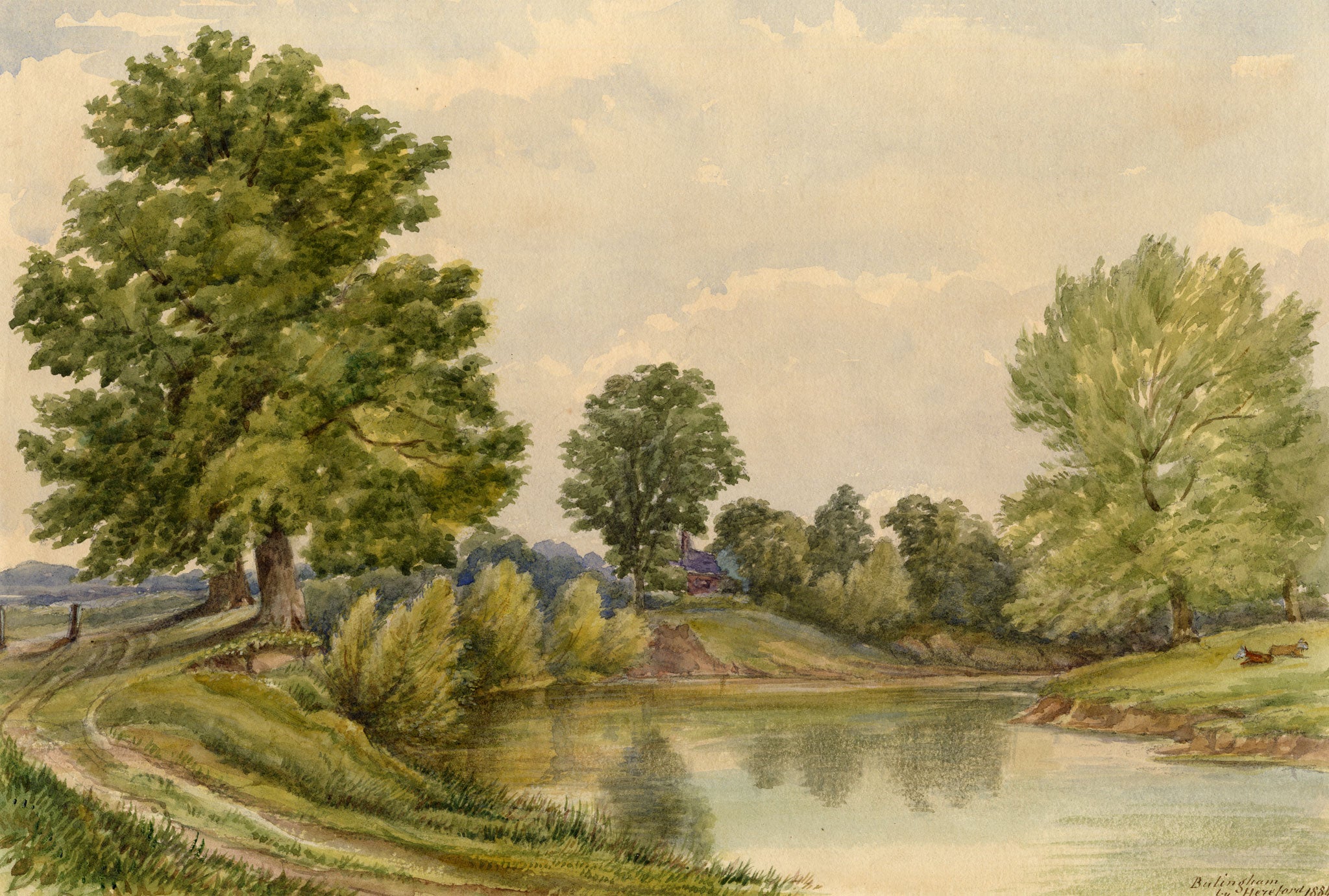 F. Bainbridge, River Wye at Bullingham by Hereford – 1884 watercolour painting