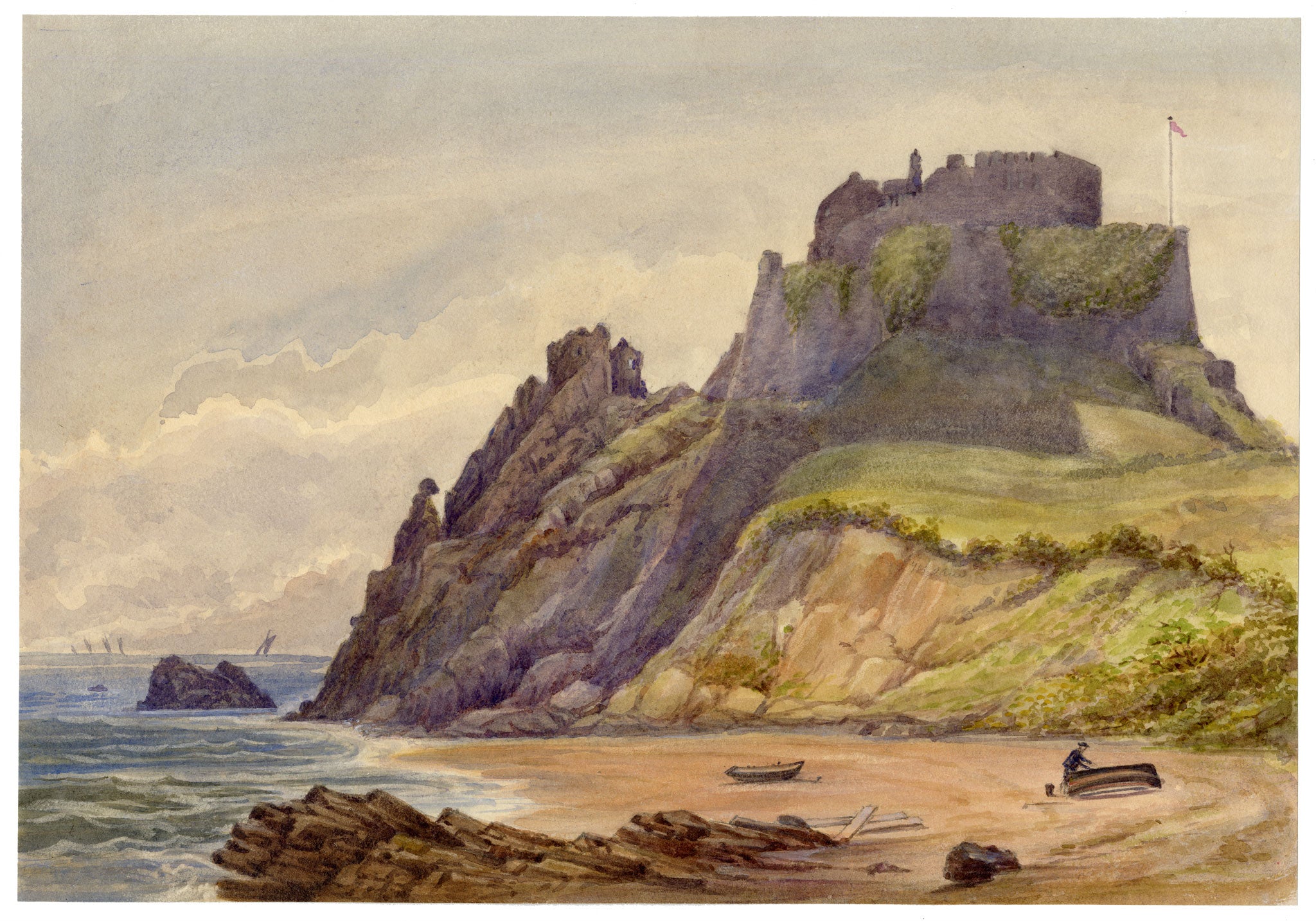 F. Bainbridge, Mont Orgueil Castle, Jersey – 1883 watercolour painting