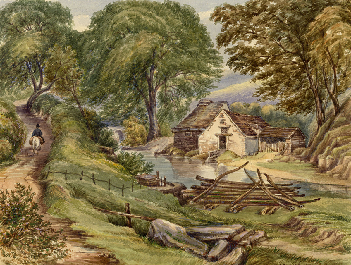 F. Bainbridge, Mill nears Melrose, Scottish Borders – 1870s watercolour painting