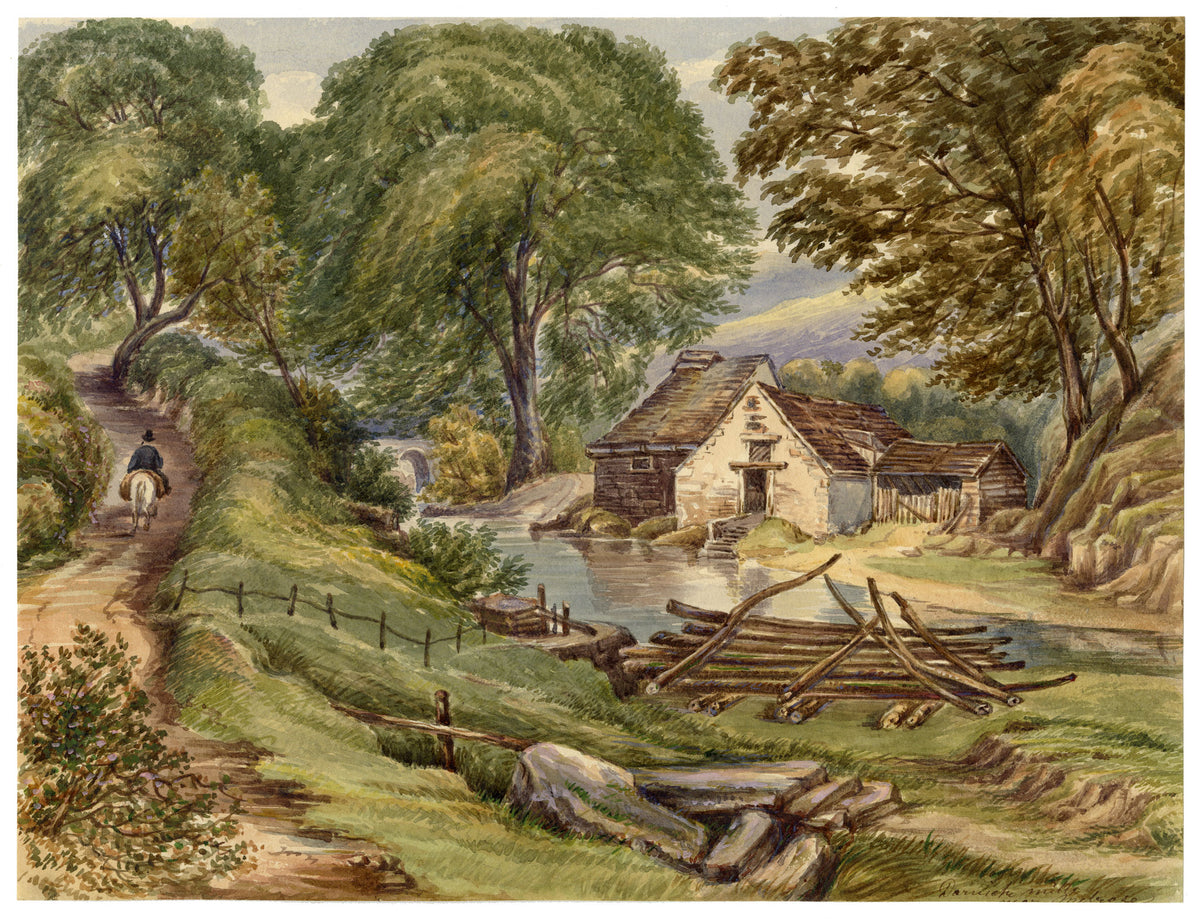 F. Bainbridge, Mill nears Melrose, Scottish Borders – 1870s watercolour painting