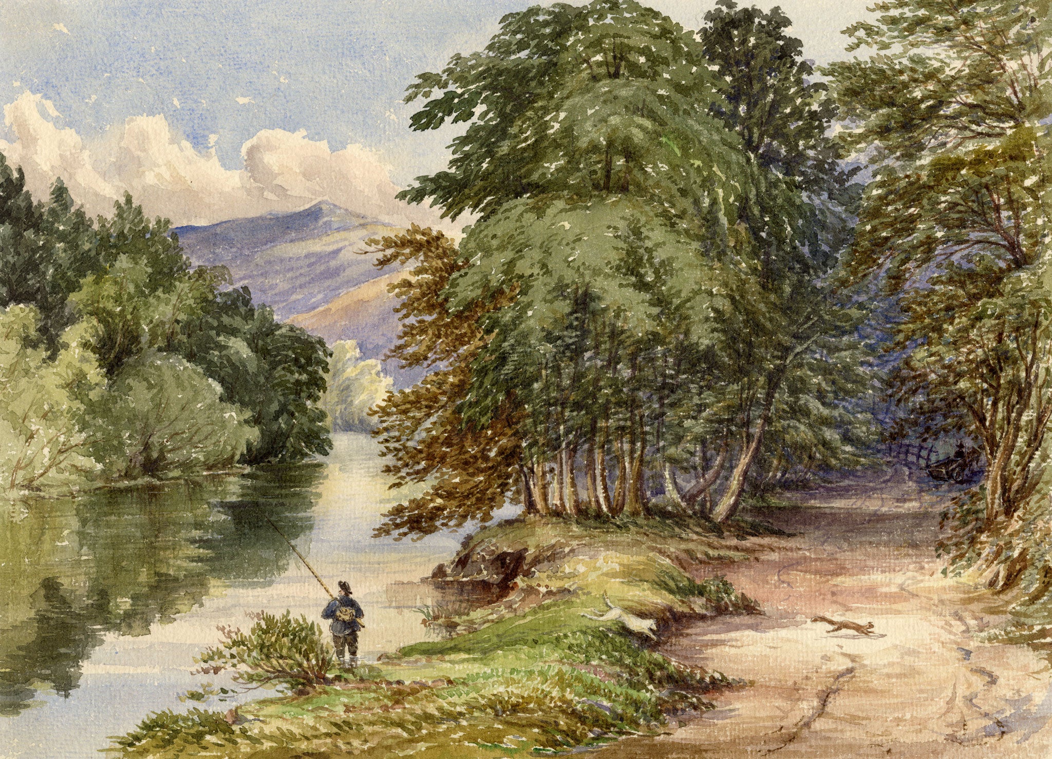 F. Bainbridge, Angler on the River Yarrow, Scottish Borders – 1870s watercolour painting