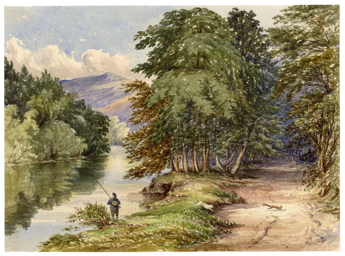 F. Bainbridge, Angler on the River Yarrow, Scottish Borders – 1870s watercolour painting