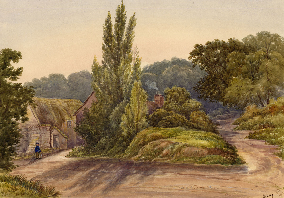 F. Bainbridge, St Catherine's, Jersey with Thatched Cottage – 1883 watercolour painting
