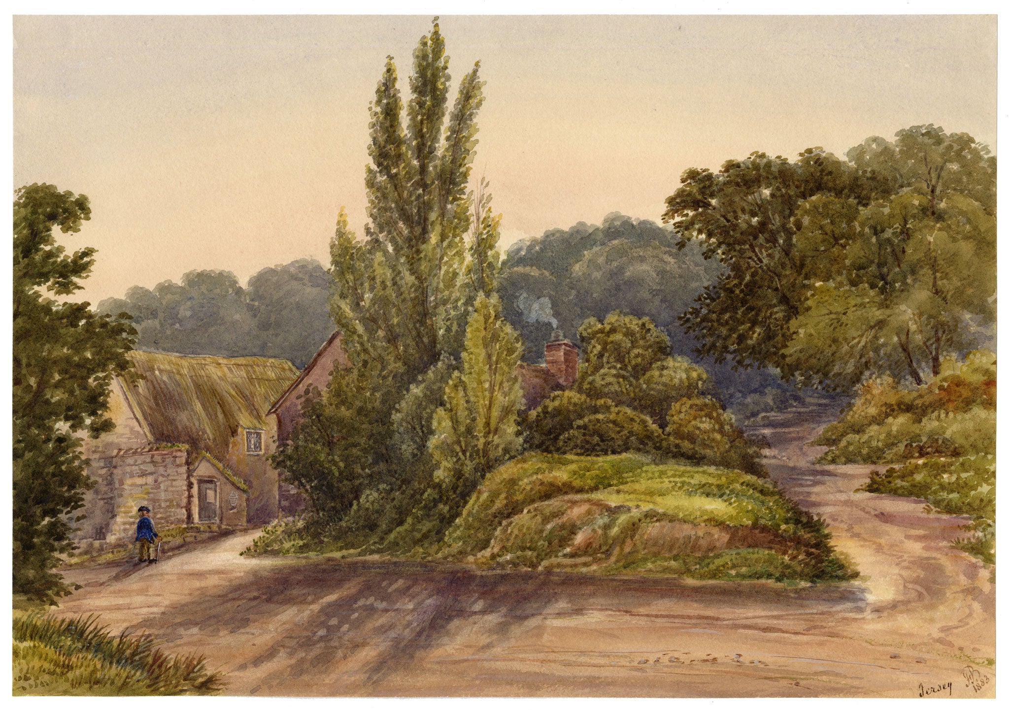 F. Bainbridge, St Catherine's, Jersey with Thatched Cottage – 1883 watercolour painting
