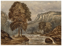 F. Bainbridge, River Gorge Landscape with Figures – 1884 watercolour painting