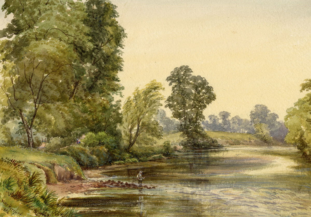 F. Bainbridge, River Wye with Angler near Hereford – 1884 watercolour painting