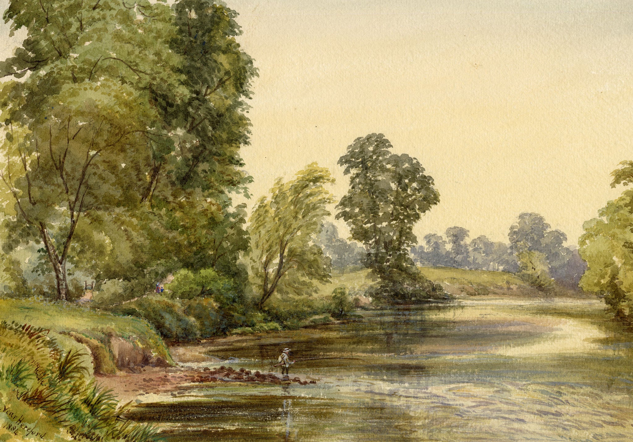 F. Bainbridge, River Wye with Angler near Hereford – 1884 watercolour painting