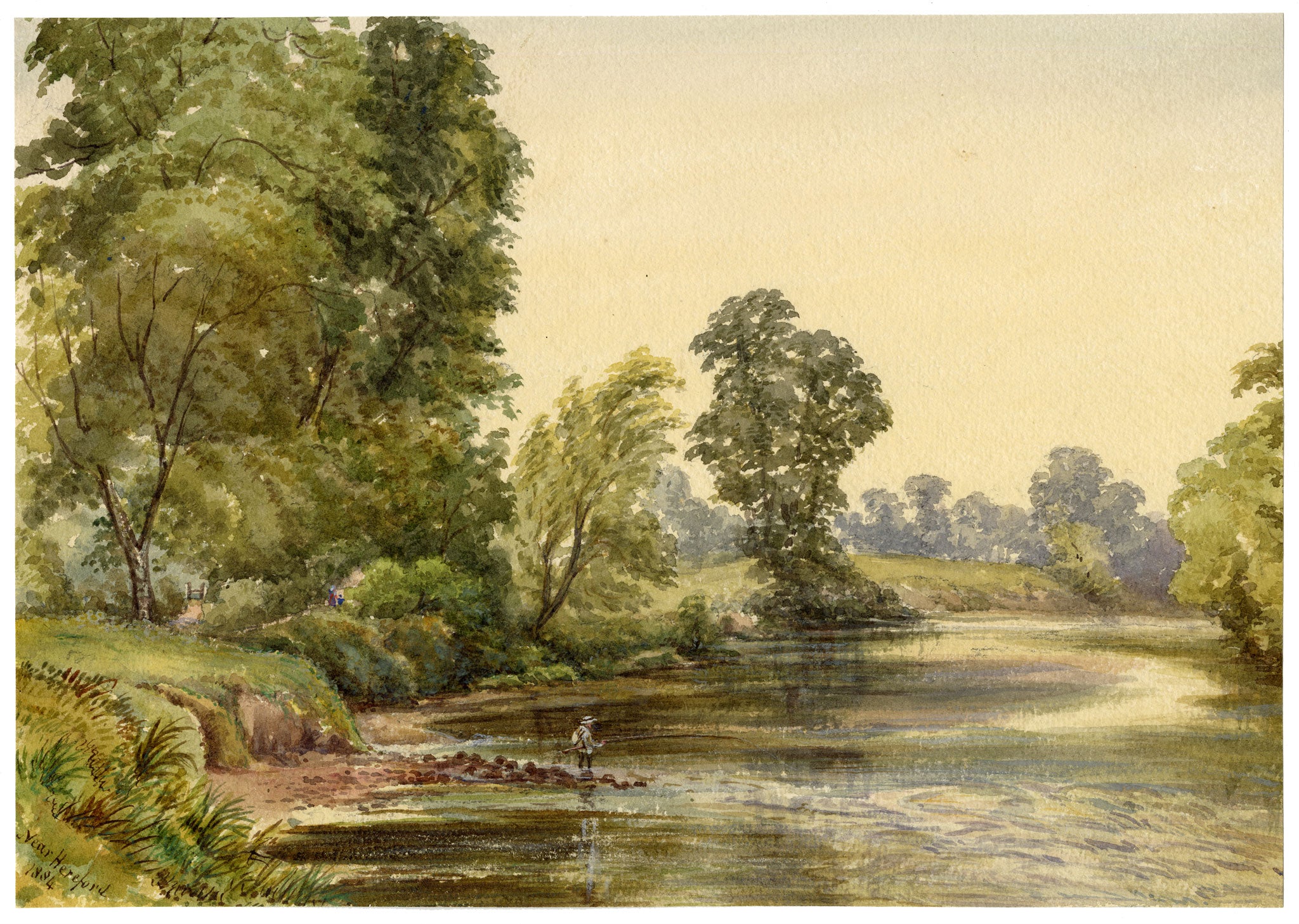F. Bainbridge, River Wye with Angler near Hereford – 1884 watercolour painting