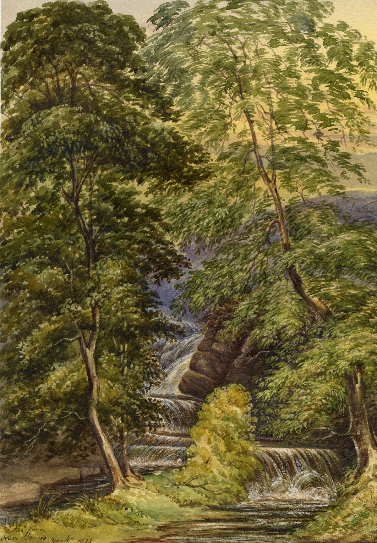 F. Bainbridge, Cotter Force Waterfall near Hawes, Yorkshire – 1872 watercolour painting