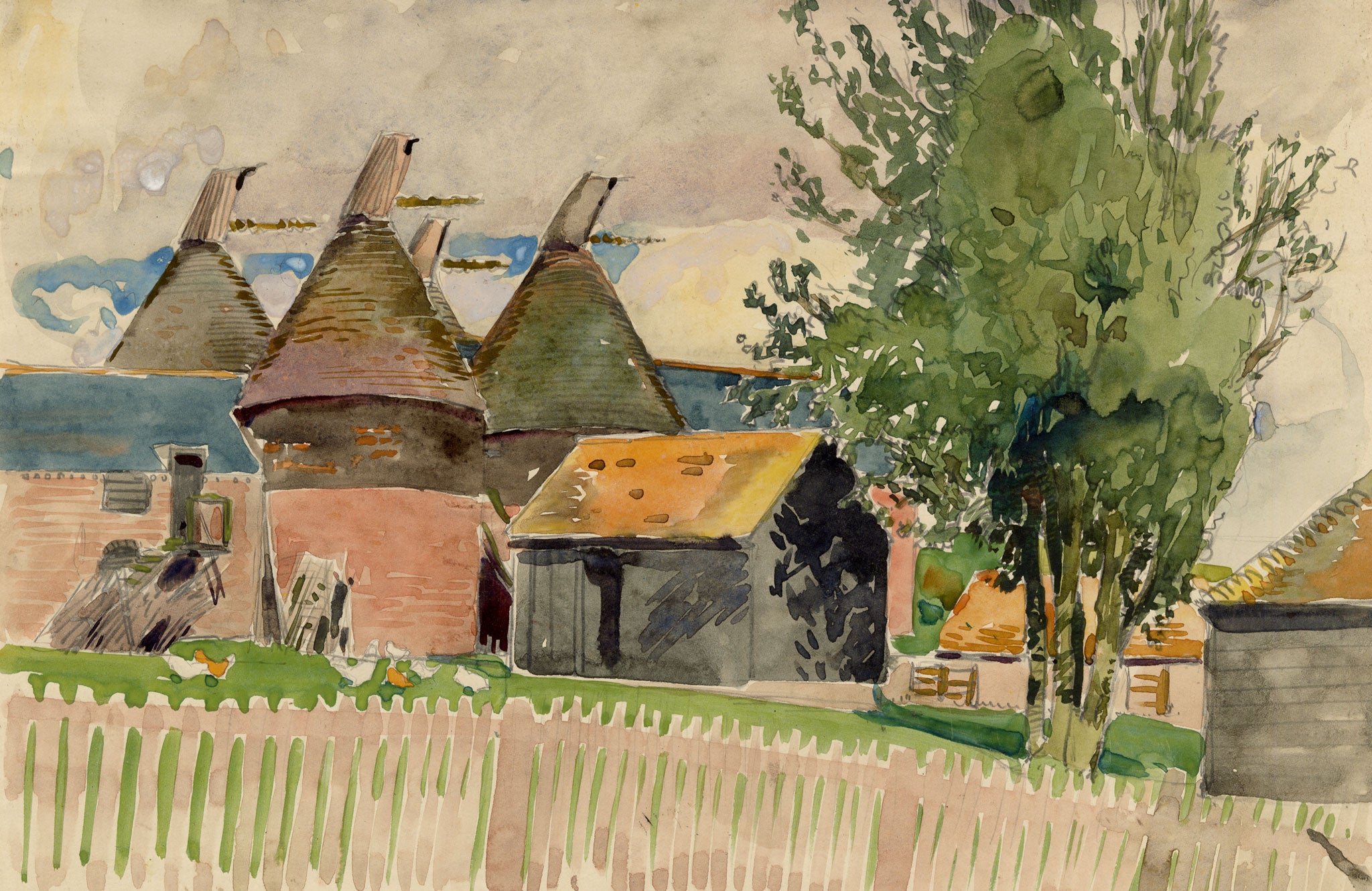 Eleanor Hughes RI, Oast Houses, Battle, East Sussex – 1920 watercolour painting