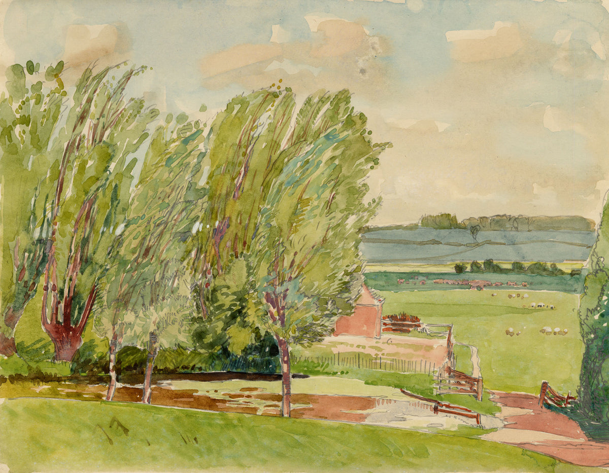 Eleanor Hughes RI, Farmland View with Trees, East Sussex – 1920 watercolour painting