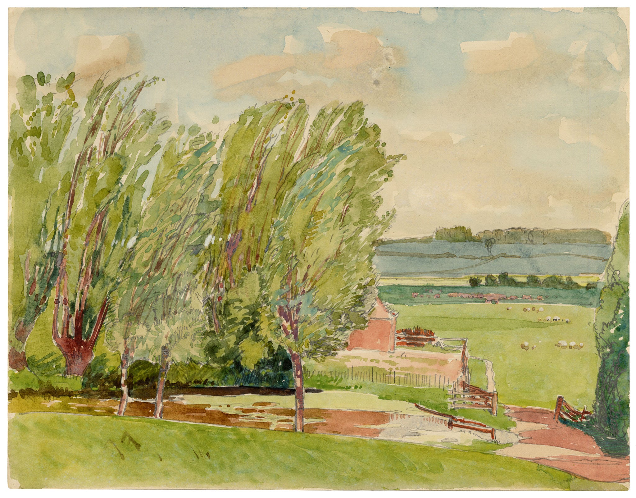 Eleanor Hughes RI, Farmland View with Trees, East Sussex – 1920 watercolour painting