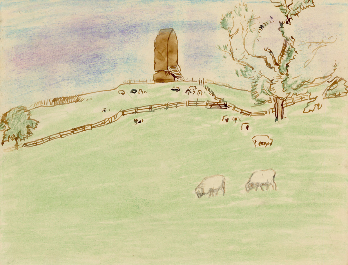 Eleanor Hughes RI, Grazing Sheep with Post Mill, East Sussex – 1920 watercolour painting