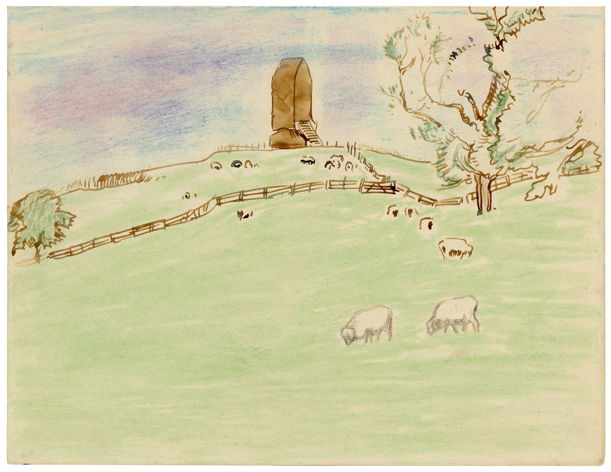 Eleanor Hughes RI, Grazing Sheep with Post Mill, East Sussex – 1920 watercolour painting