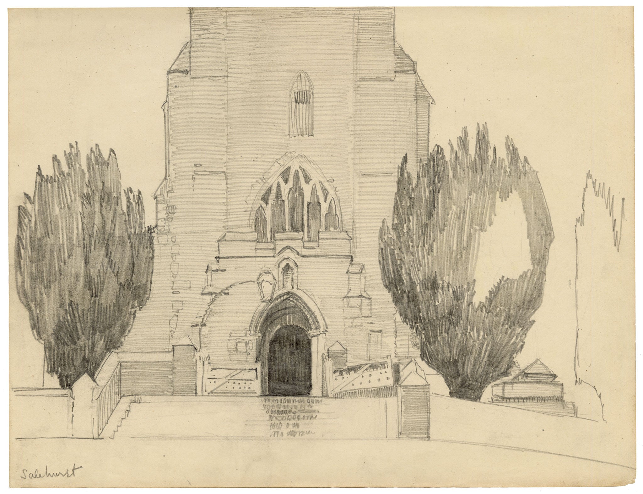 Eleanor Hughes RI, St Mary's Church, Salehurst, East Sussex – 1920 graphite drawing