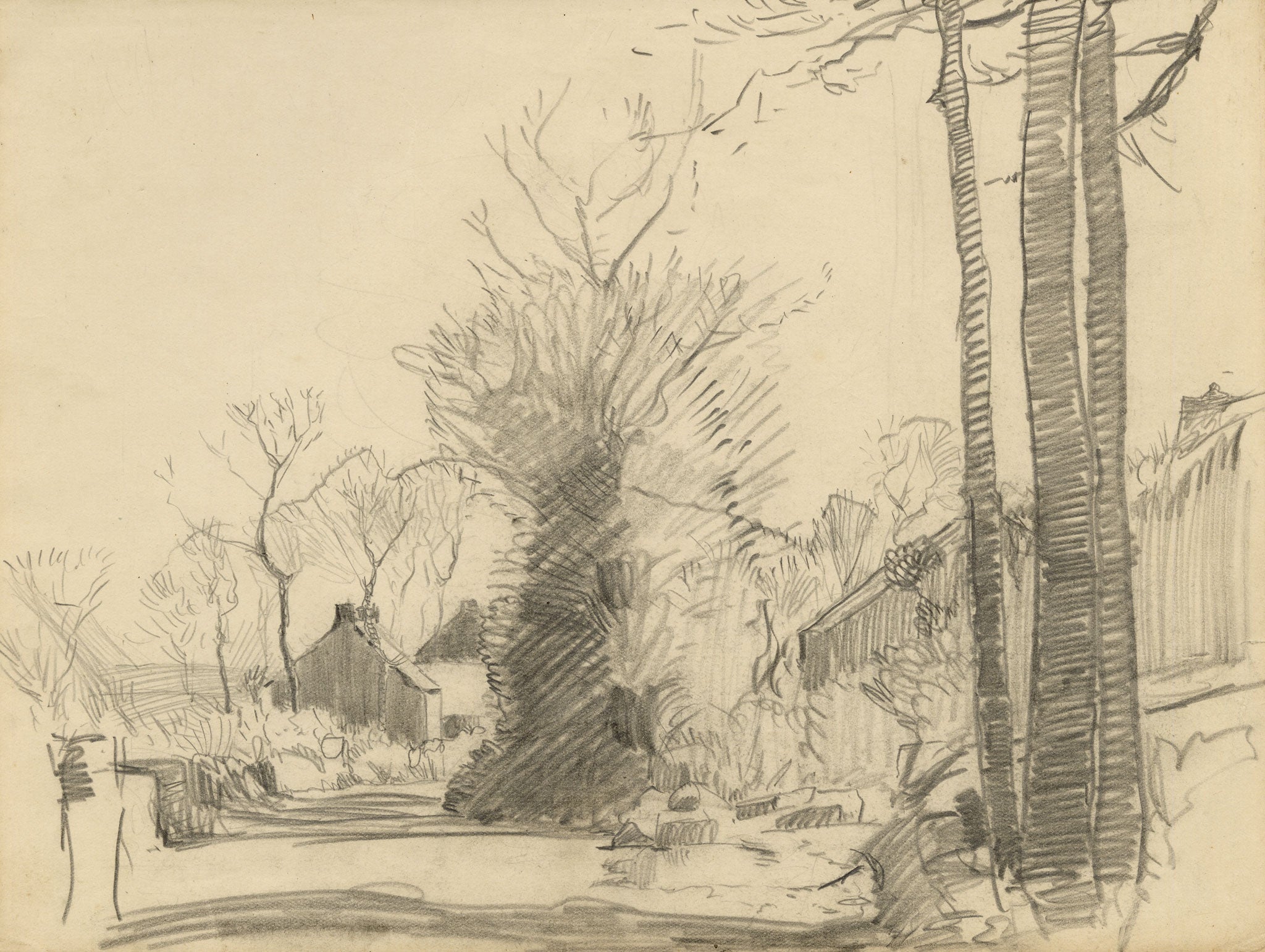 Eleanor Hughes RI, Village Road with Trees – 1920 graphite drawing