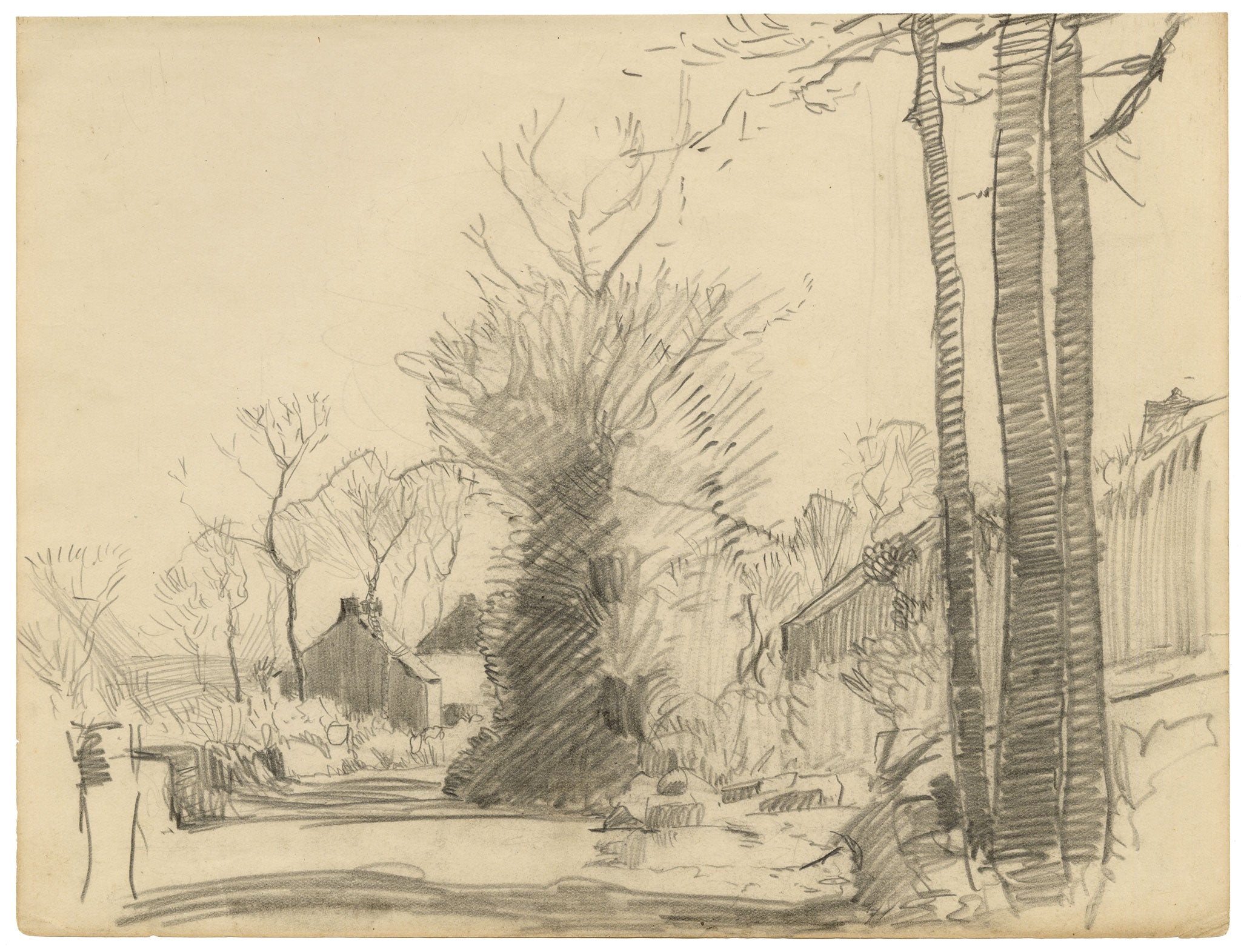 Eleanor Hughes RI, Village Road with Trees – 1920 graphite drawing