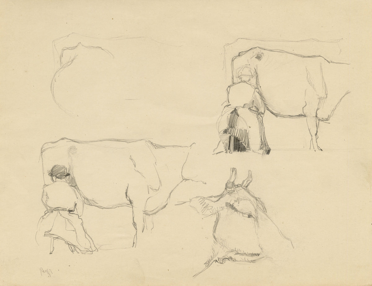 Eleanor Hughes RI, Cow with Milk Maid Study – 1920 graphite drawing