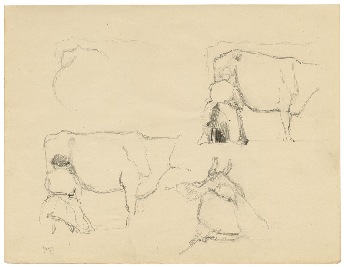 Eleanor Hughes RI, Cow with Milk Maid Study – 1920 graphite drawing