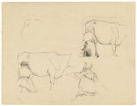 Eleanor Hughes RI, Cow with Milk Maid Study – 1920 graphite drawing