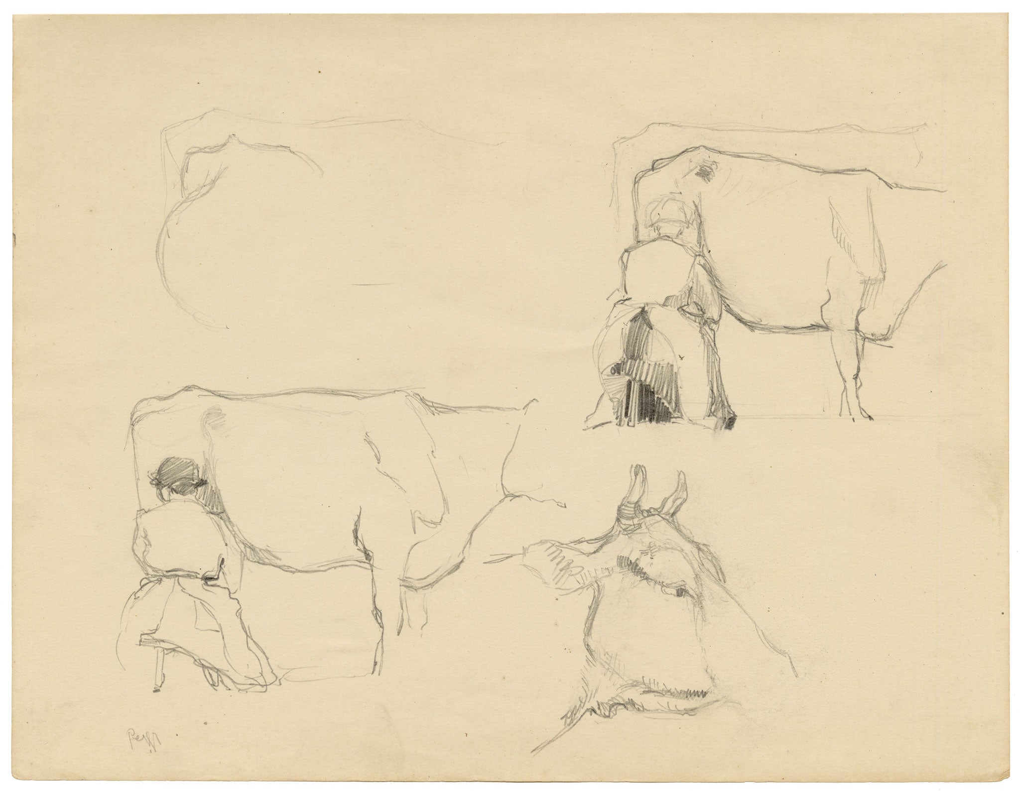 Eleanor Hughes RI, Cow with Milk Maid Study – 1920 graphite drawing