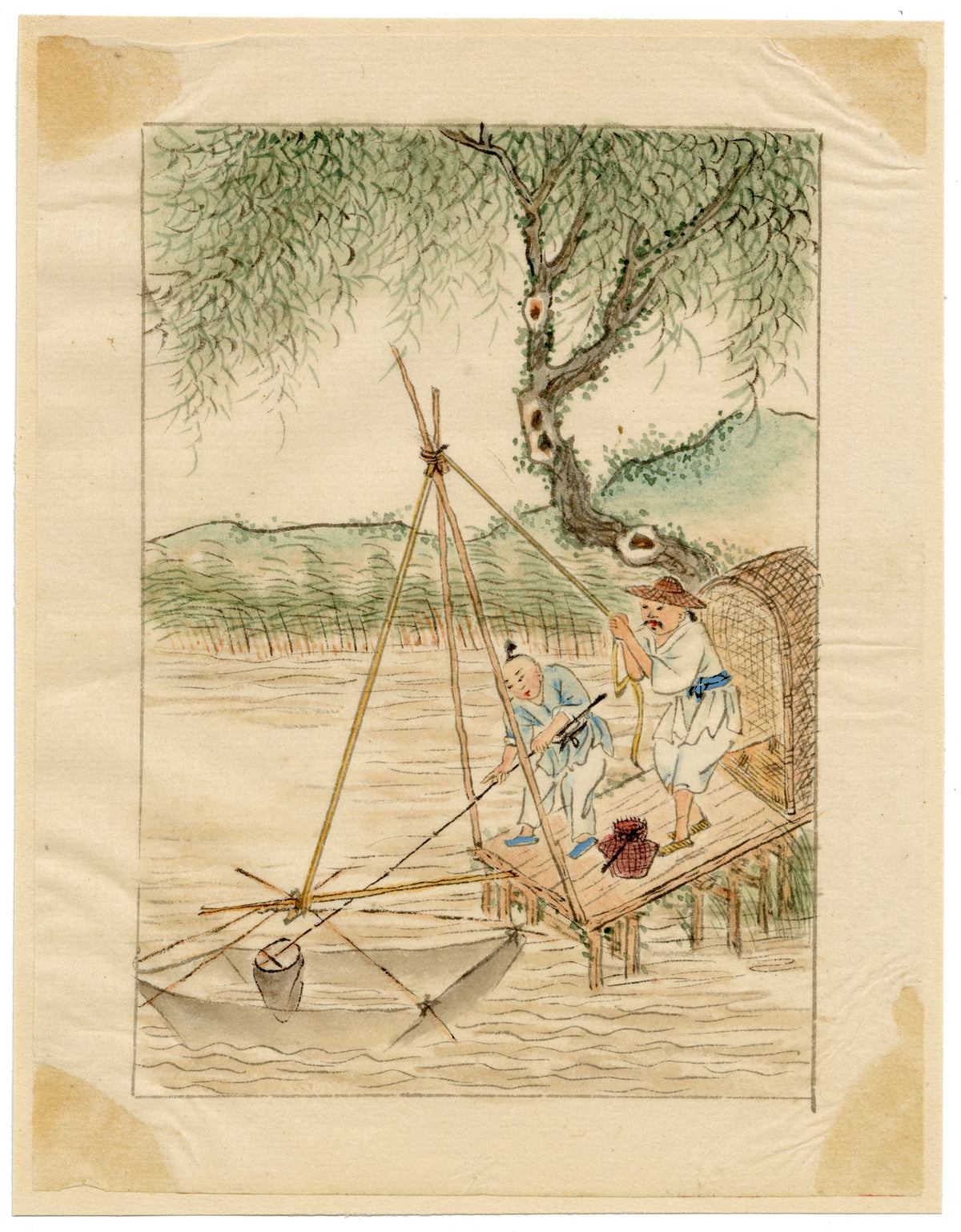 Chinese School, Chinese Fisherman with Lift Net – Mid-19th-century watercolour painting