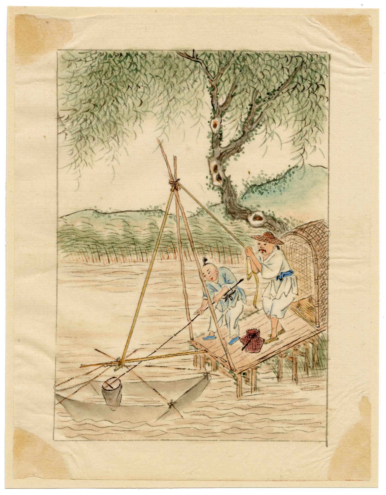 Chinese School, Chinese Fisherman with Lift Net – Mid-19th-century watercolour painting