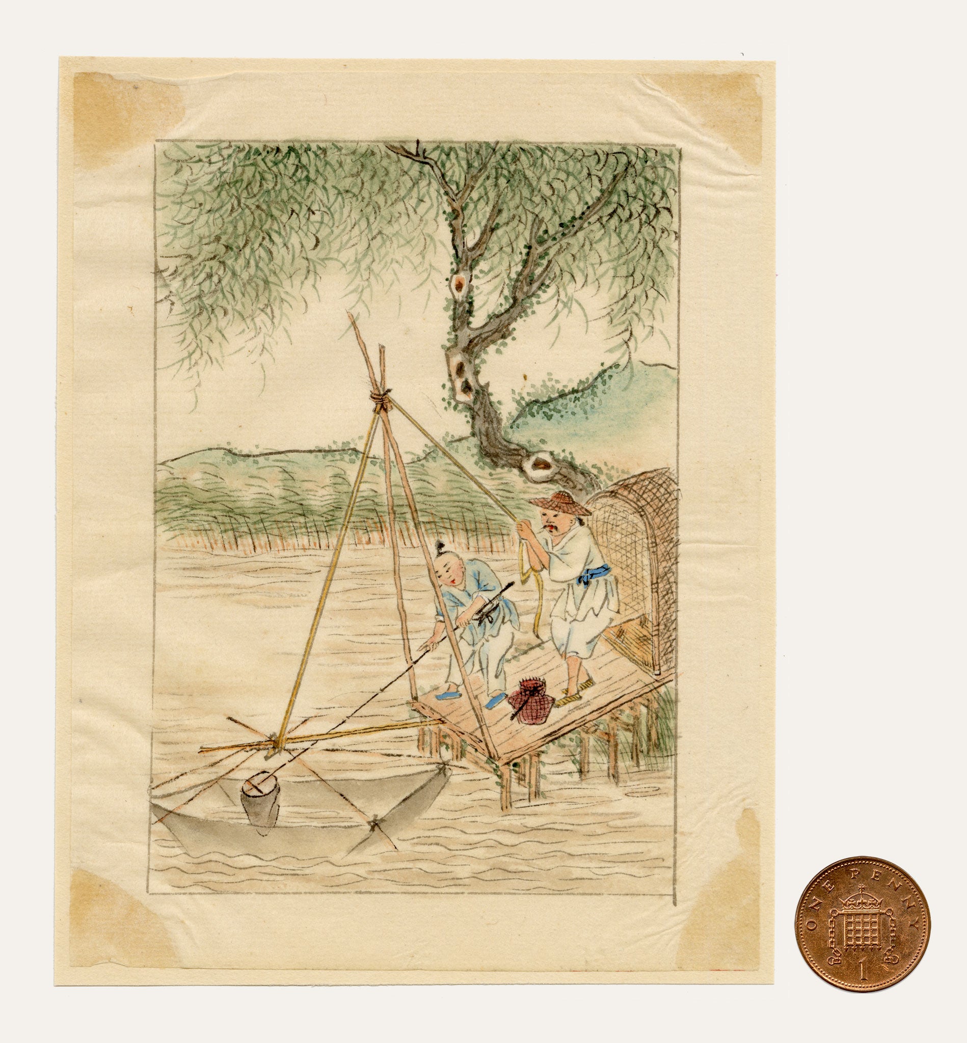 Chinese School, Chinese Fisherman with Lift Net – Mid-19th-century watercolour painting