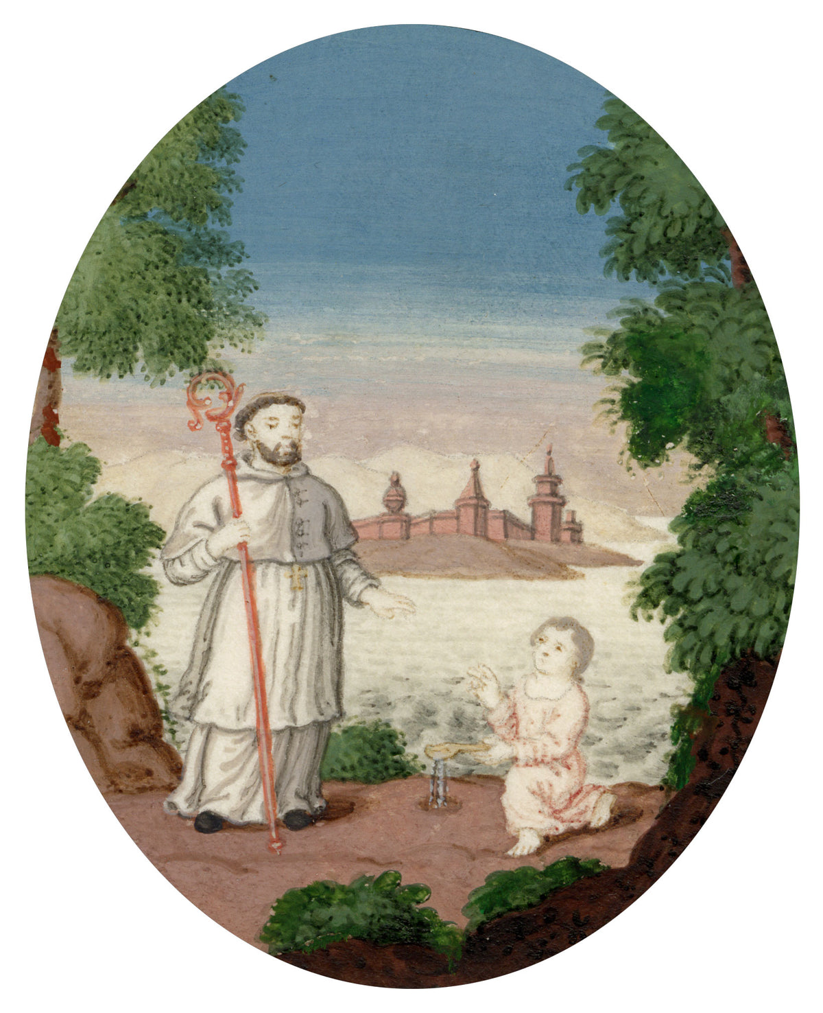Anon., Saint Augustine of Hippo with a Boy on the Beach – Early 19th-century gouache painting