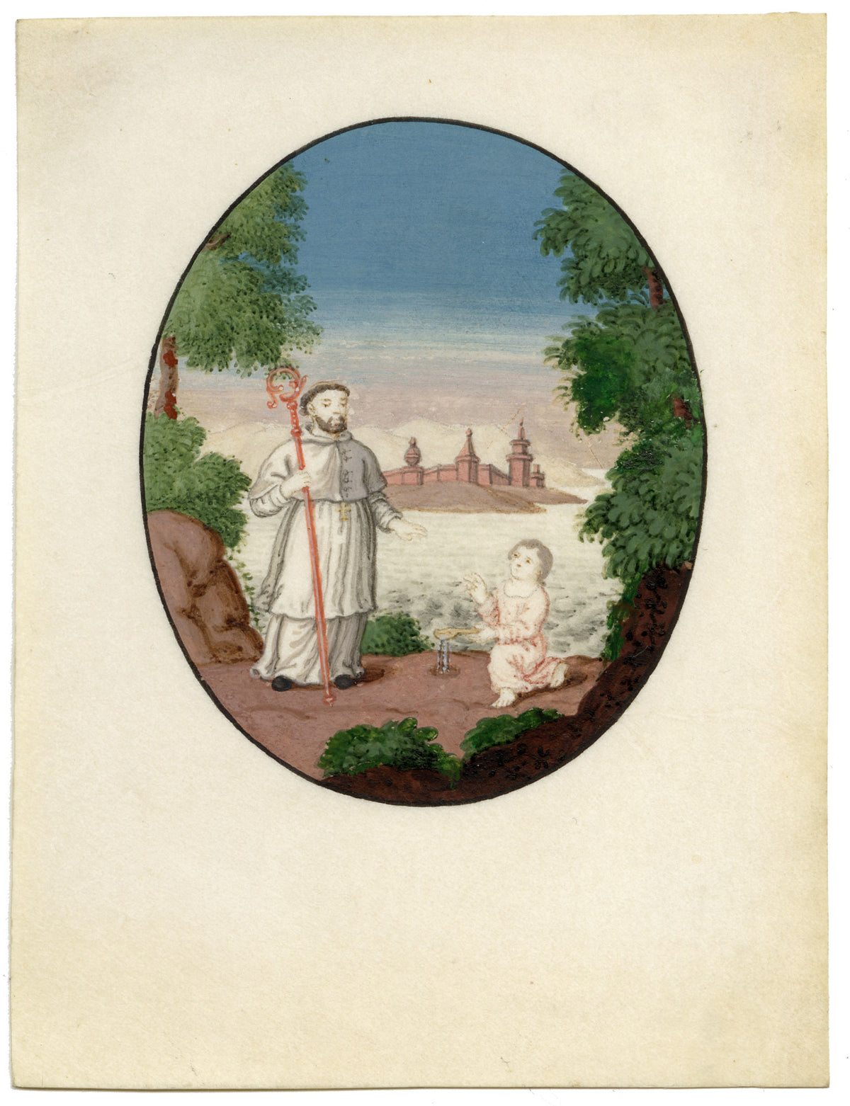 Anon., Saint Augustine of Hippo with a Boy on the Beach – Early 19th-century gouache painting