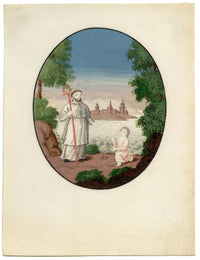 Anon., Saint Augustine of Hippo with a Boy on the Beach – Early 19th-century gouache painting