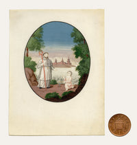 Anon., Saint Augustine of Hippo with a Boy on the Beach – Early 19th-century gouache painting