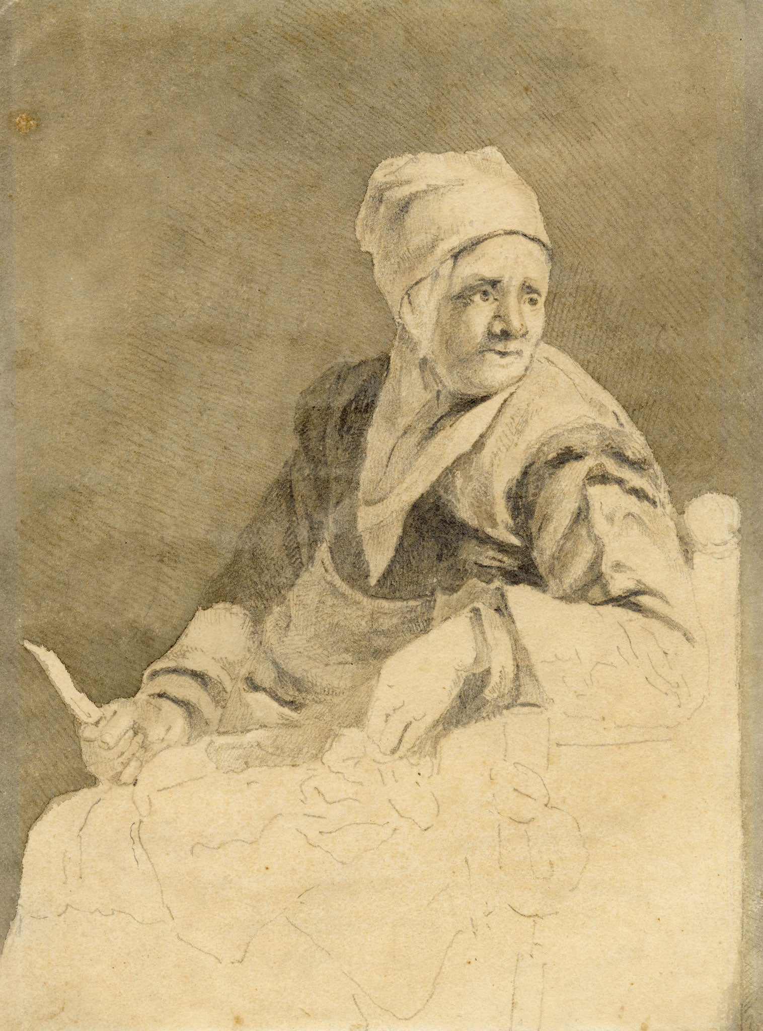 After Cornelis Visscher, A Woman Seated – Early 19th-century graphite drawing
