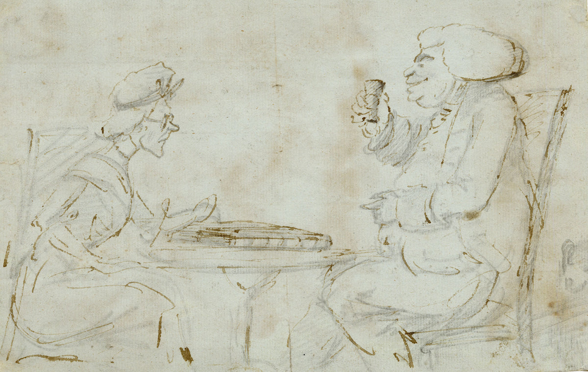 Attrib. Henry William Bunbury, Couple Seated at a Table Caricature – 18th-century pen & ink drawing