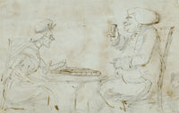 Attrib. Henry William Bunbury, Couple Seated at a Table Caricature – 18th-century pen & ink drawing