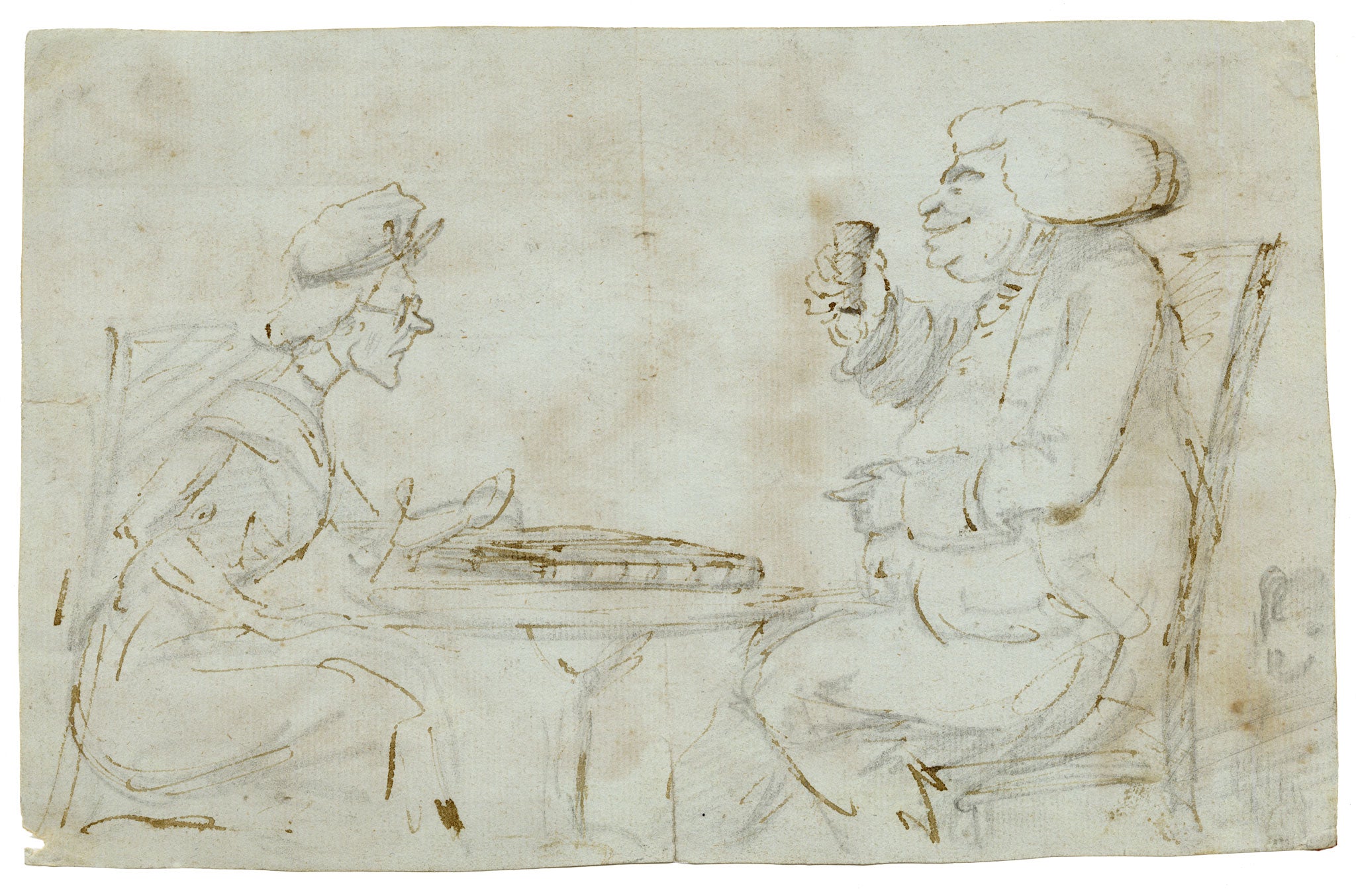 Attrib. Henry William Bunbury, Couple Seated at a Table Caricature – 18th-century pen & ink drawing