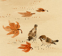 Anon., Sparrow Birds & Falling Leaves – c.1930s watercolour painting