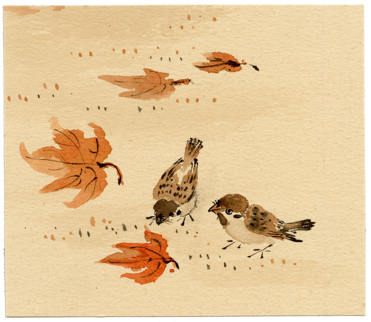 Anon., Sparrow Birds & Falling Leaves – c.1930s watercolour painting