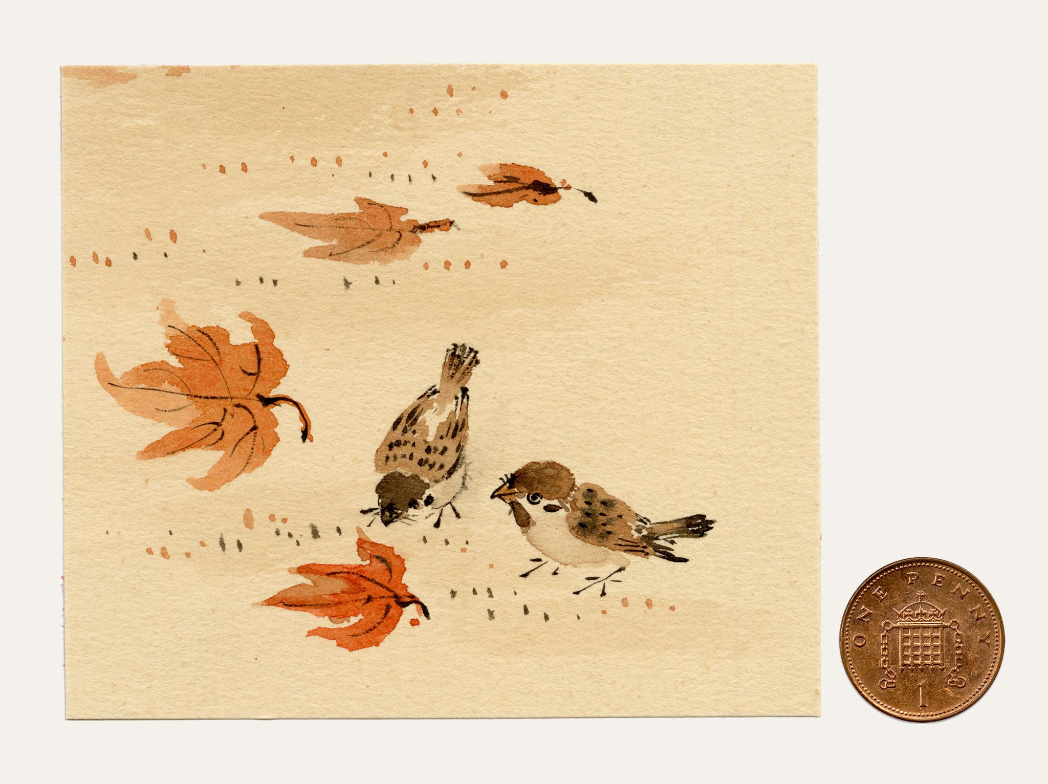 Anon., Sparrow Birds & Falling Leaves – c.1930s watercolour painting