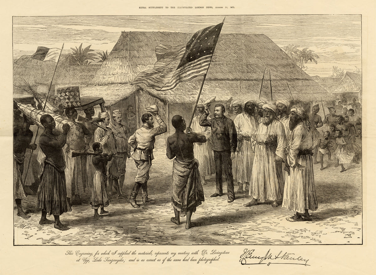 Sir Henry Morton Stanley, Henry Morton Stanley Meeting David Livingstone at Ujiji, Tanzania, Africa – 1872 wood engraving print