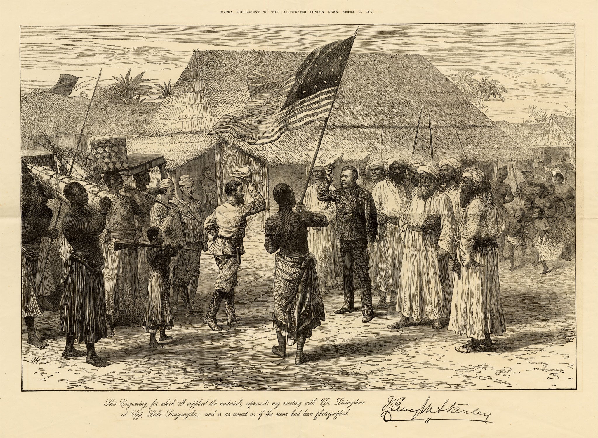 Sir Henry Morton Stanley, Henry Morton Stanley Meeting David Livingstone at Ujiji, Tanzania, Africa – 1872 wood engraving print