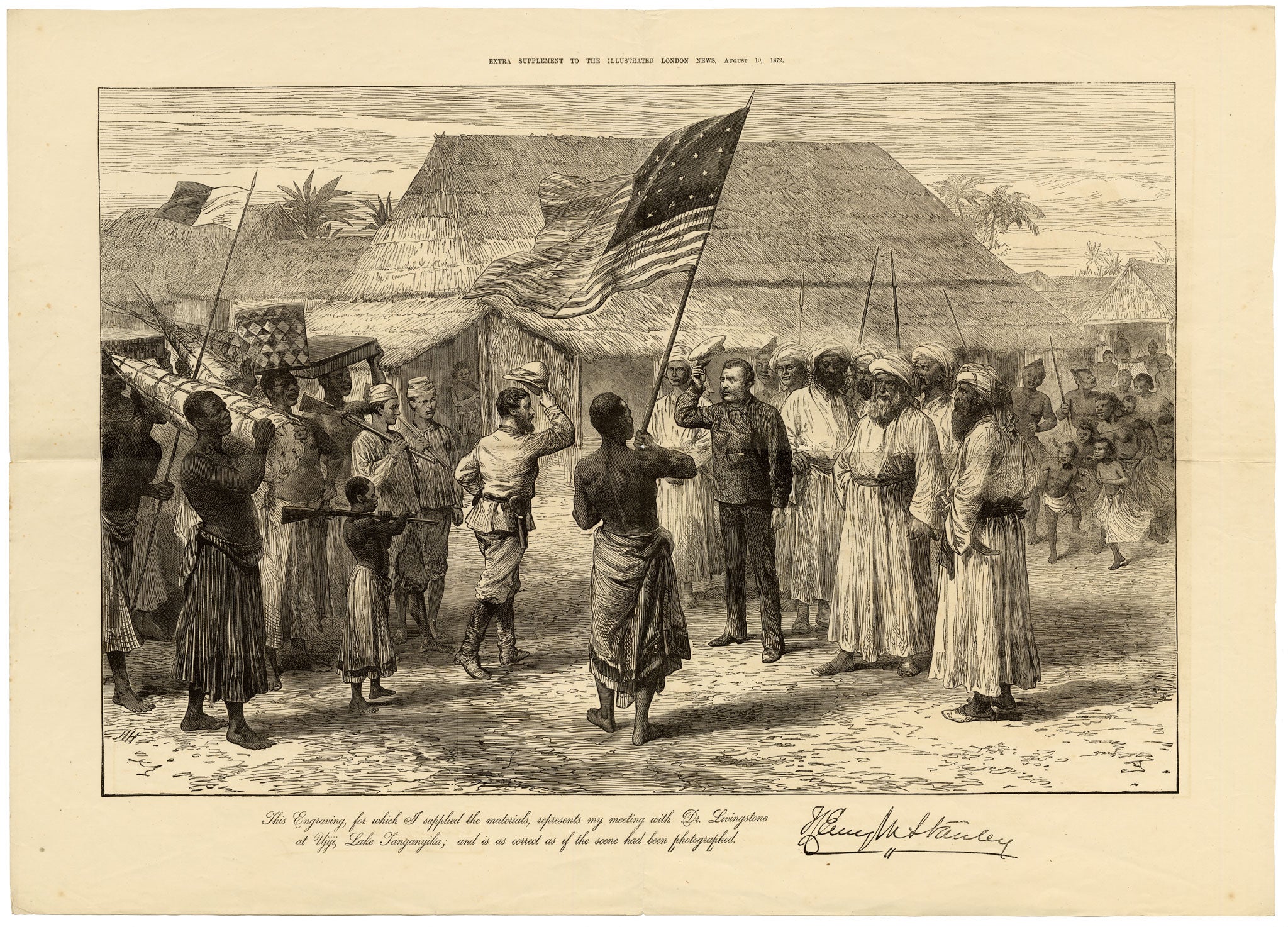 Sir Henry Morton Stanley, Henry Morton Stanley Meeting David Livingstone at Ujiji, Tanzania, Africa – 1872 wood engraving print