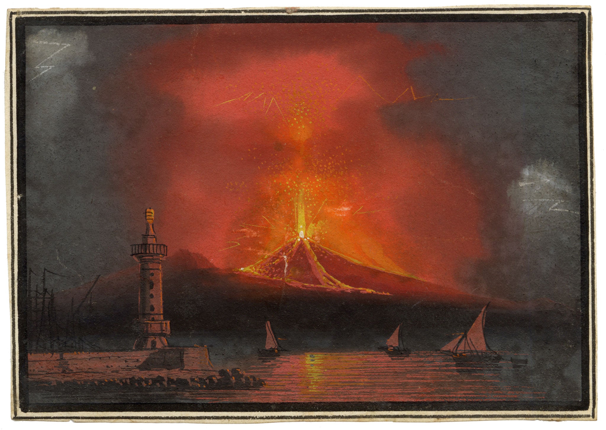 Neapolitan School, Vesuvius Erupting at Night – Early 19th-century gouache painting