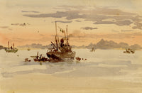 Conrad Carelli BWS, Sunset on the Water near Karachi, British India – 1907 watercolour painting
