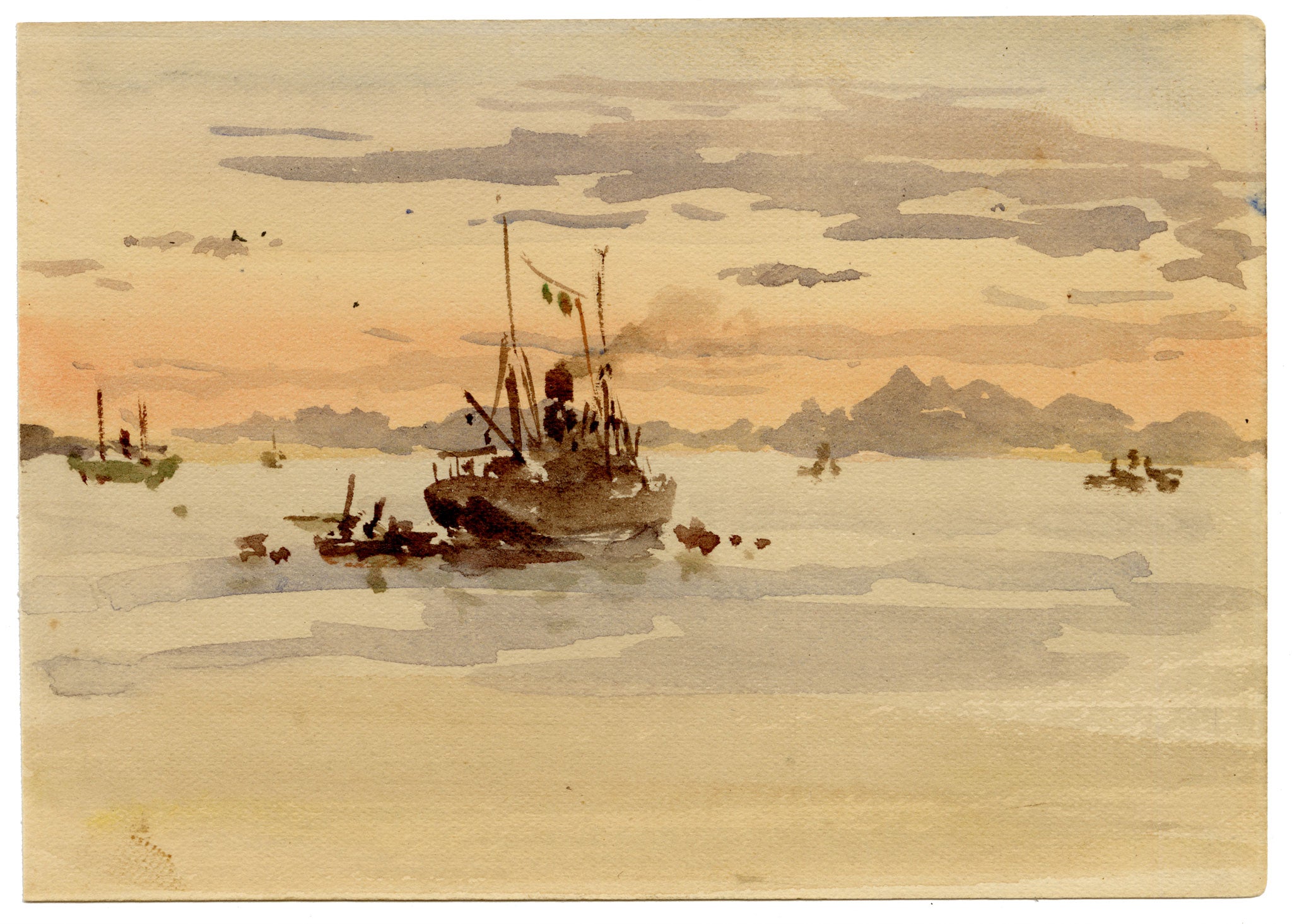 Conrad Carelli BWS, Sunset on the Water near Karachi, British India – 1907 watercolour painting