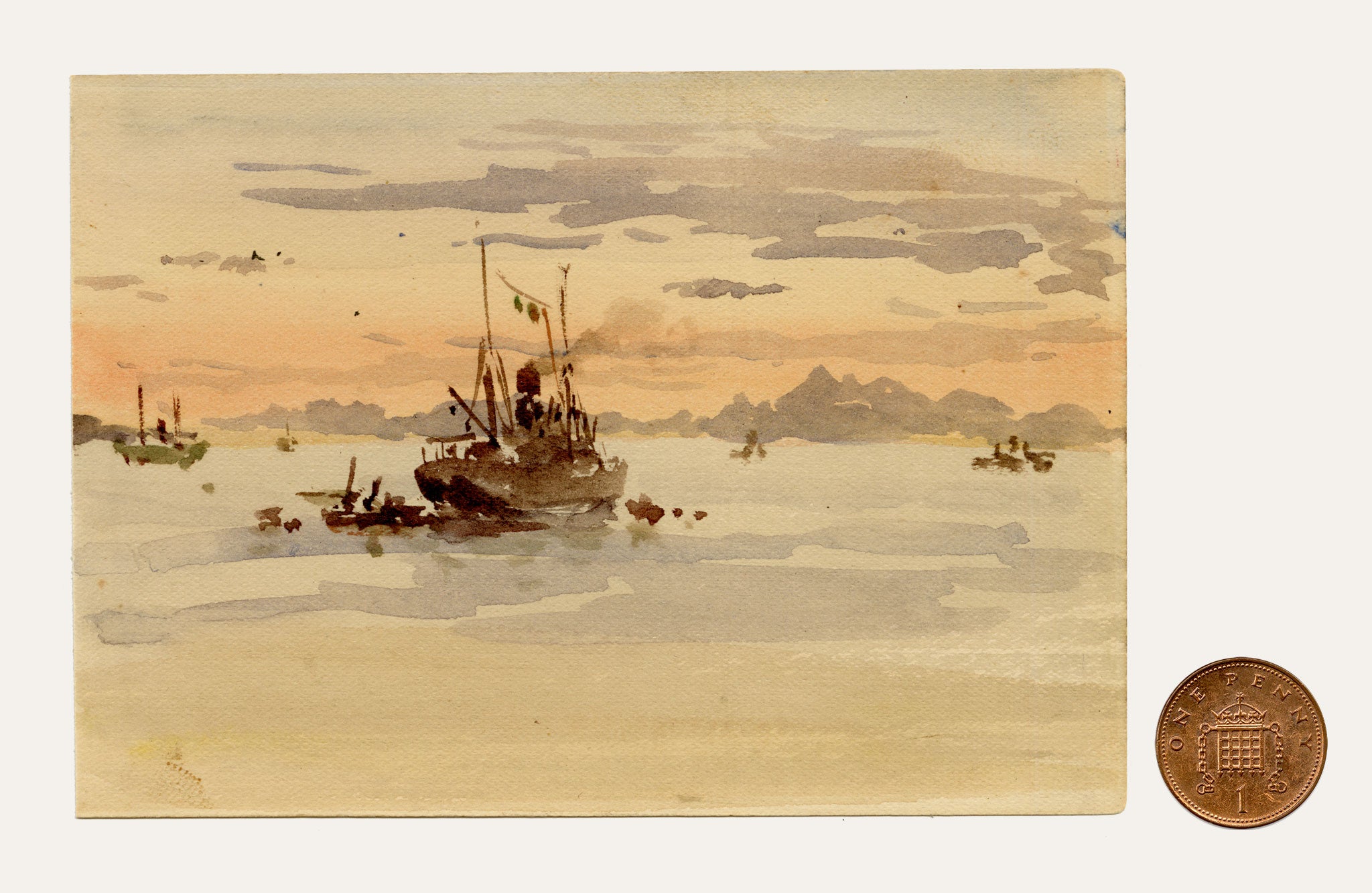 Conrad Carelli BWS, Sunset on the Water near Karachi, British India – 1907 watercolour painting